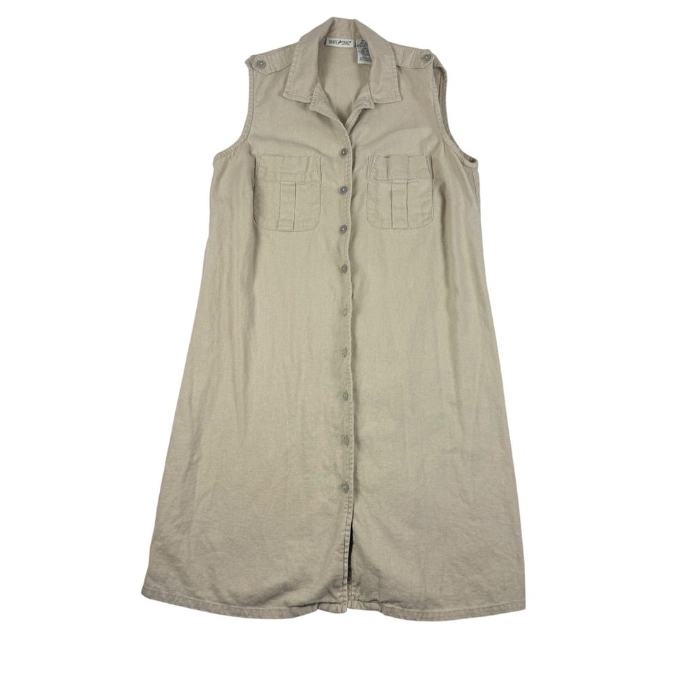 White Stag Womens Tan Linen Blend Sleeveless Button Front Utility Dress Small